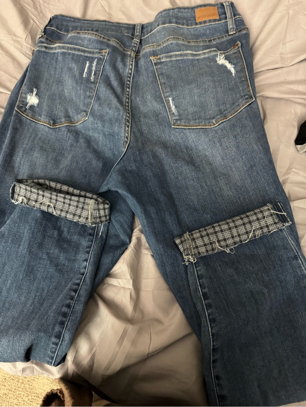 Judy Blue Medium Blue Straight Leg Jeans with Plaid Knee Patches